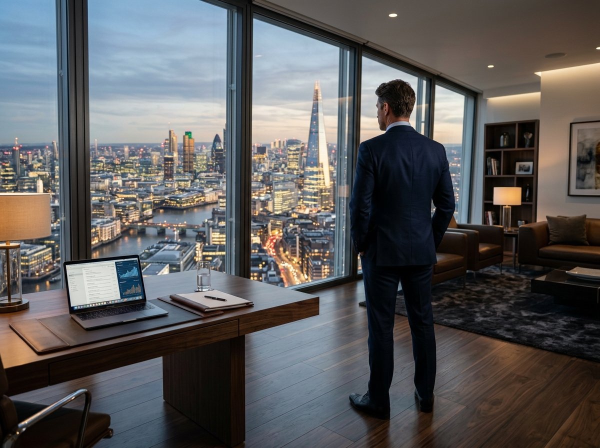 Business executive standing in modern high-rise office