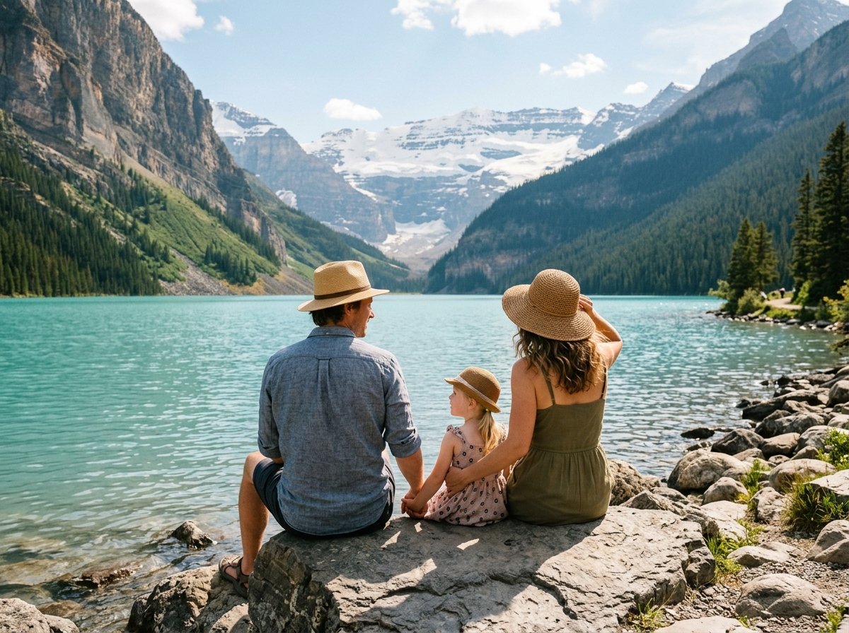 Family enjoying peaceful alpine mountain lake view