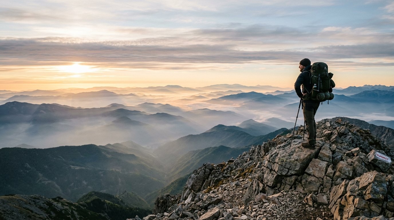 Hiker standing on mountain summit overlooking majestic mountain ranges