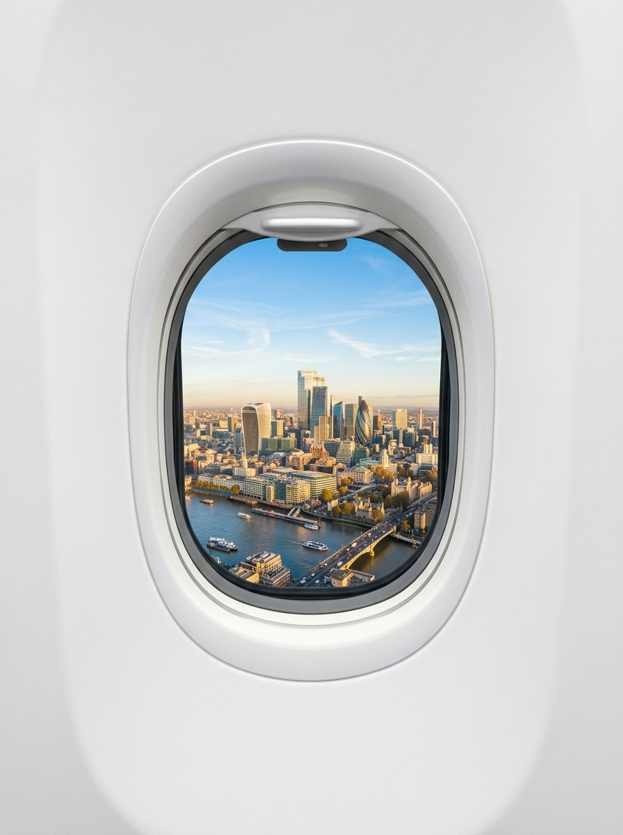 Aerial view of sunlit metropolis skyline through airplane passenger window