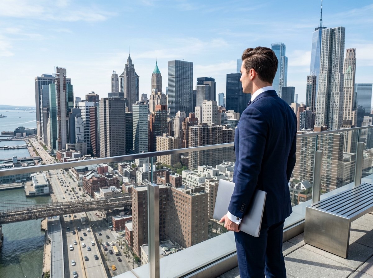 Professional in suit holding laptop overlooking metropolis